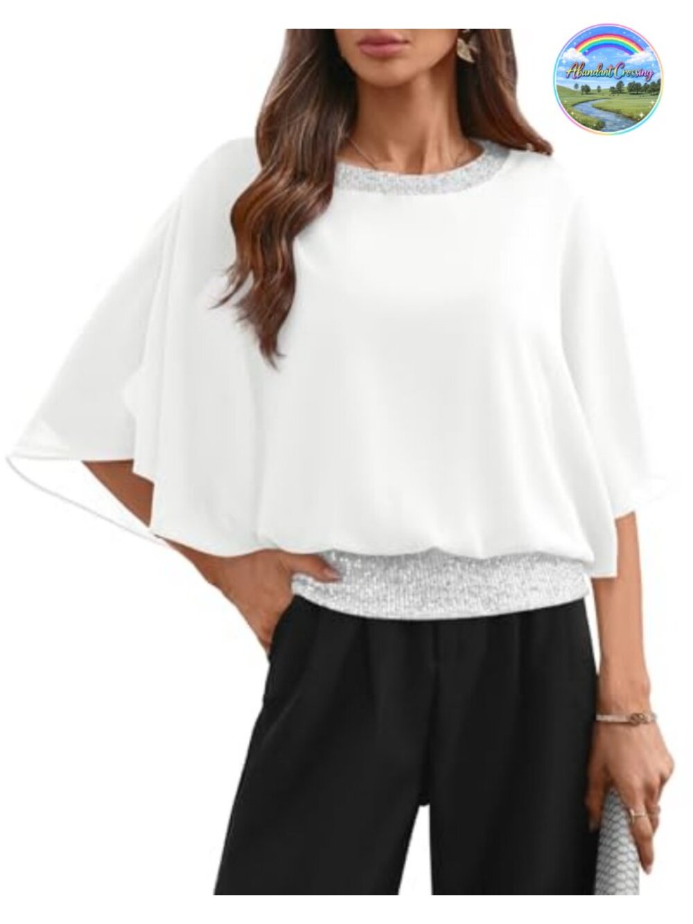 Dressy Sequin Formal Wedding Top Batwing Sleeve Chiffon Party Shirt